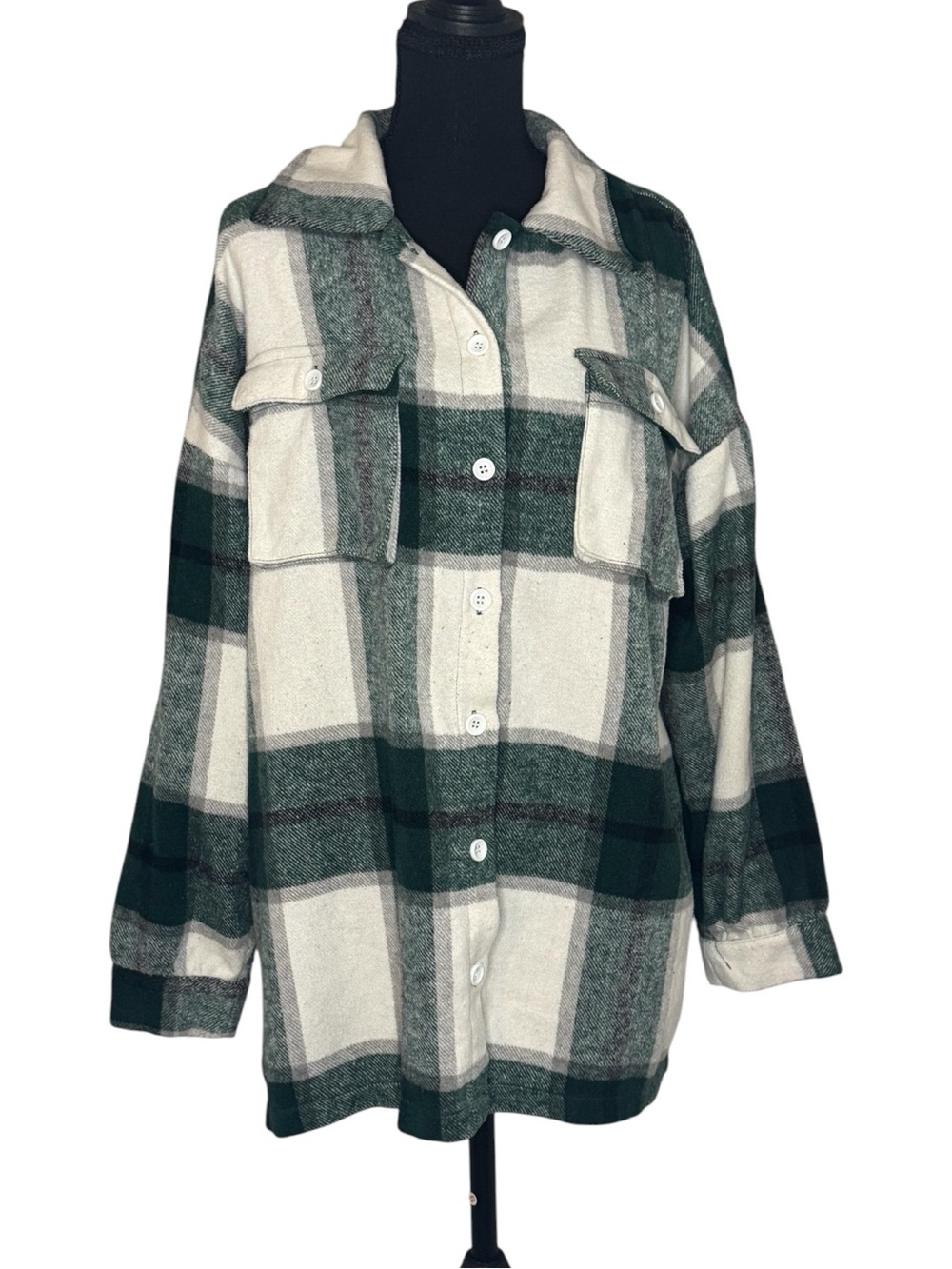 Lovers + Friends Green and Cream Plaid Button-Down Shacket
